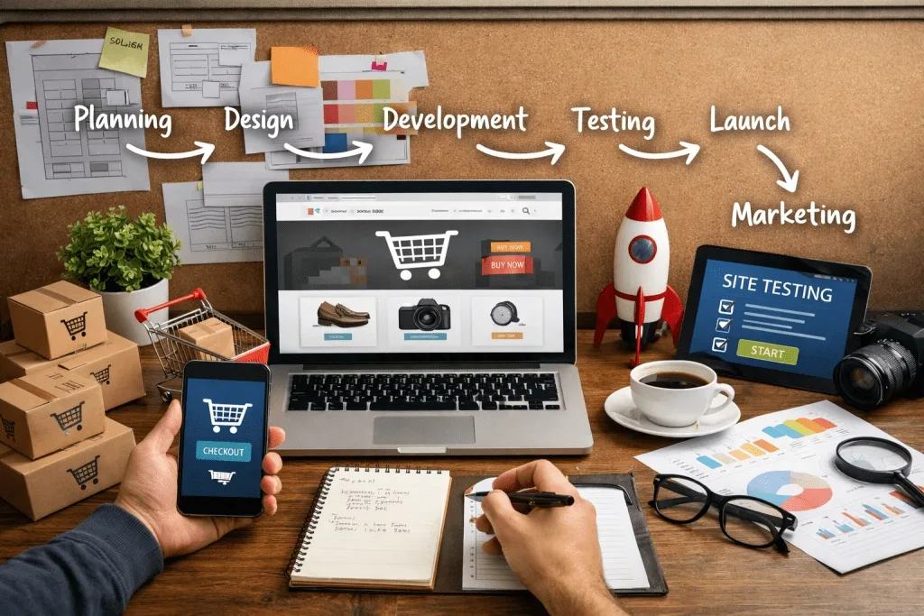Custom E-commerce Development Process - Planning, Design, Development, Testing, Launch, Marketing